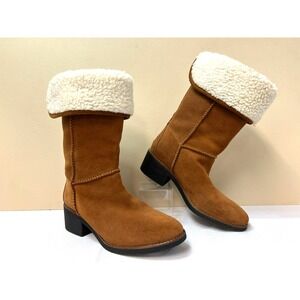 Coach Turn Lock Boot Shearling Lined + Cuff Saddle Brown Suede Almond Toe SZ 9.5